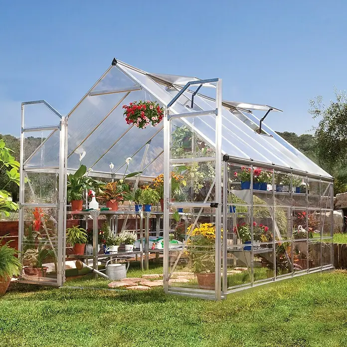 Palram – Canopia Gewächshaus Balance - 3,67 x 2,44 x 2,29 m, Polycarbonat, Glasstärke Seitenwände: 0,75 mm, Silber - Vorderansicht