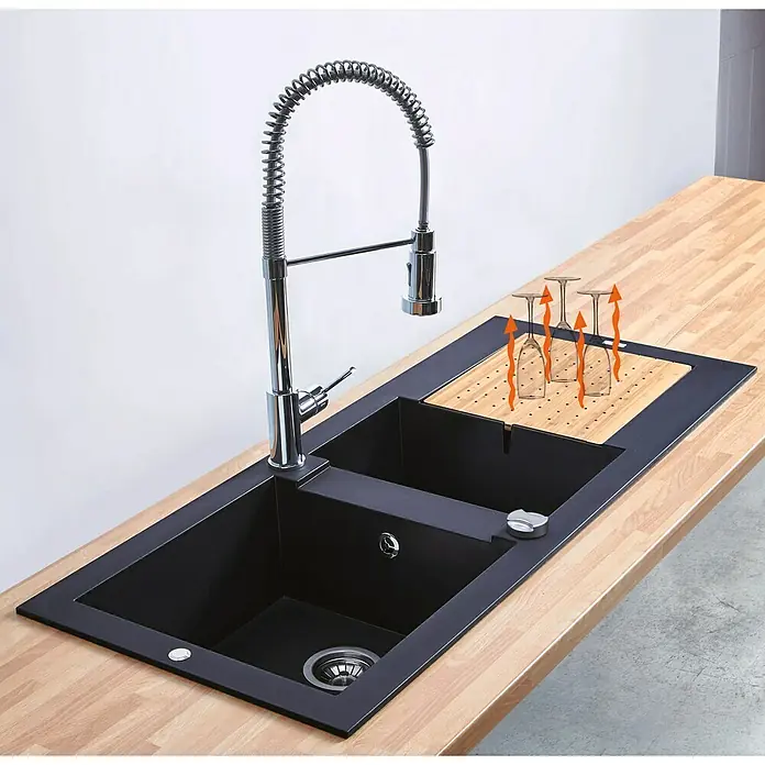 Carea Einbauspüle Eole - 118 x 50 cm, Warmluft-Trocknungsgebläse, CAREAlith®, Schwarz - Detailaufnahme