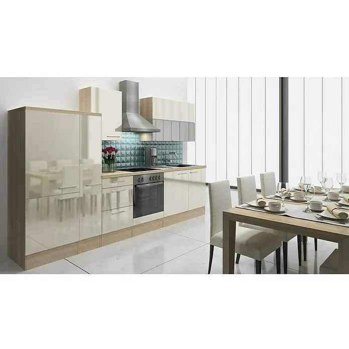 Respekta Küchenzeile Premium RP310AVAC - L x B x H: 310 x 60 x 200 cm, Akazie-Nachbildung, Vanille Hochglanz