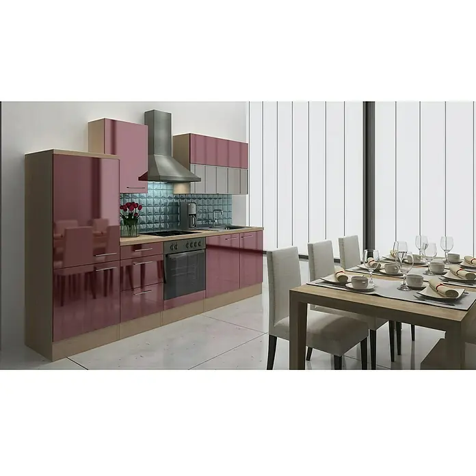 Respekta Küchenzeile Premium RP280ABOC - L x B x H: 280 x 60 x 200 cm, Akazie-Nachbildung, Bordeaux Hochglanz