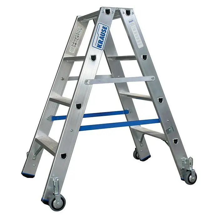 Krause Stabilo Stufen-Doppelleiter Fahrbar - Arbeitshöhe: 2,5 m, Anzahl Tritte: 2 x 4 Stufen, Tiefe Stufen: 80 mm, Material: Aluminium, Fahrbar - Linke Seitenansicht