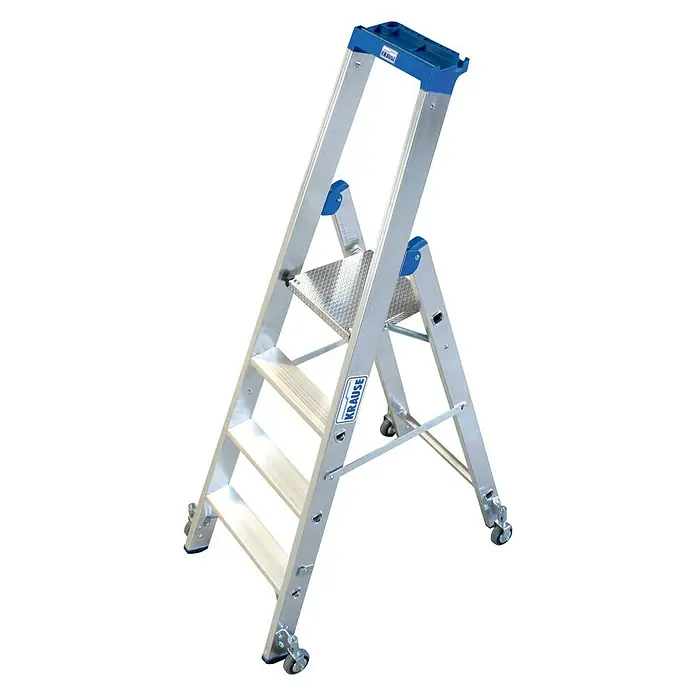 Krause Stabilo Stufenstehleiter Fahrbar - Arbeitshöhe: 2,95 m, Anzahl Tritte: 4 Stufen, Tiefe Stufen: 80 mm, Aluminium, Fahrbar - Linke Seitenansicht