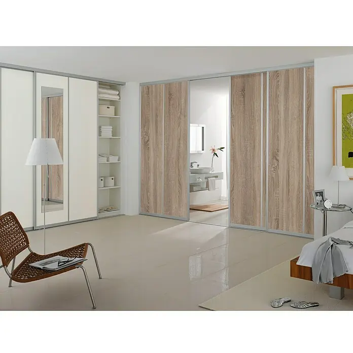 Room Plaza Easy Schiebetür-Bau-Set Room Plaza - Eiche geplankt/Eiche Trüffel, Profilfarbe: Silber - Stimmungsaufnahme