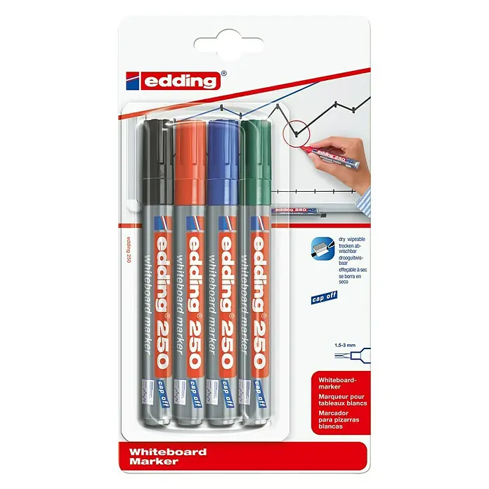 Edding Whiteboardmarker 250 - Strichstärke: 1,5 mm - 3 mm, Schwarz/Rot/Blau/Grün - Vorderansicht