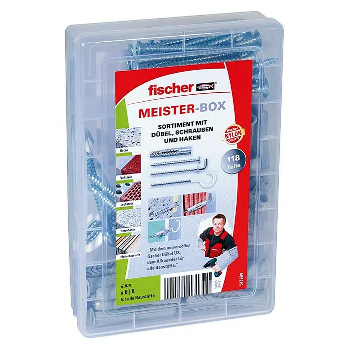 Fischer Meister-Box Universaldübel-Set UX / R - 118 -tlg., Mit Schrauben/Haken, Nylon - Rechte Seitenansicht