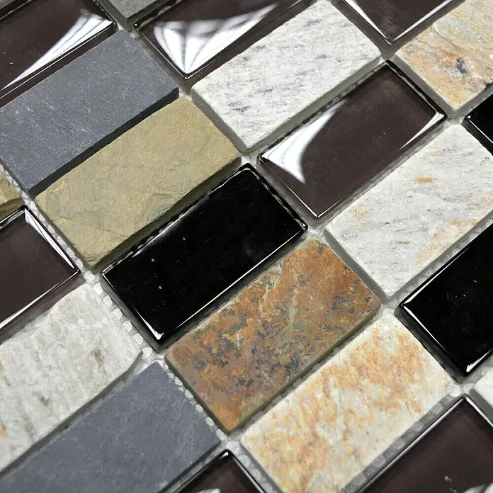 Mosaikfliese Rechteck Crystal Mix XCM MS806 - 32,2 x 31 cm, Braun/Beige/Schwarz, Glänzend