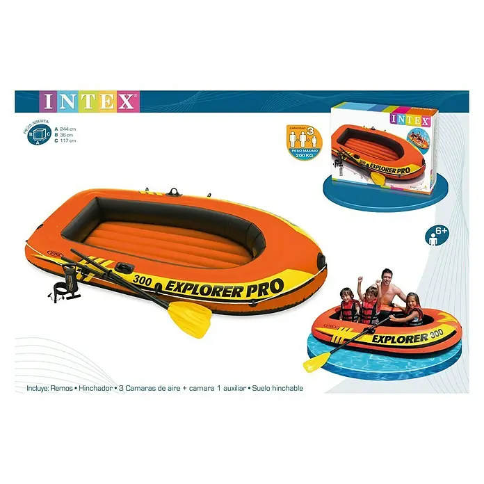 Intex Bote hinchable Explorer Pro 300 con remos - L x An x Al: 244 x 117 x 36 cm, Apto para: 2+1 personas, Carga útil: 200 kg