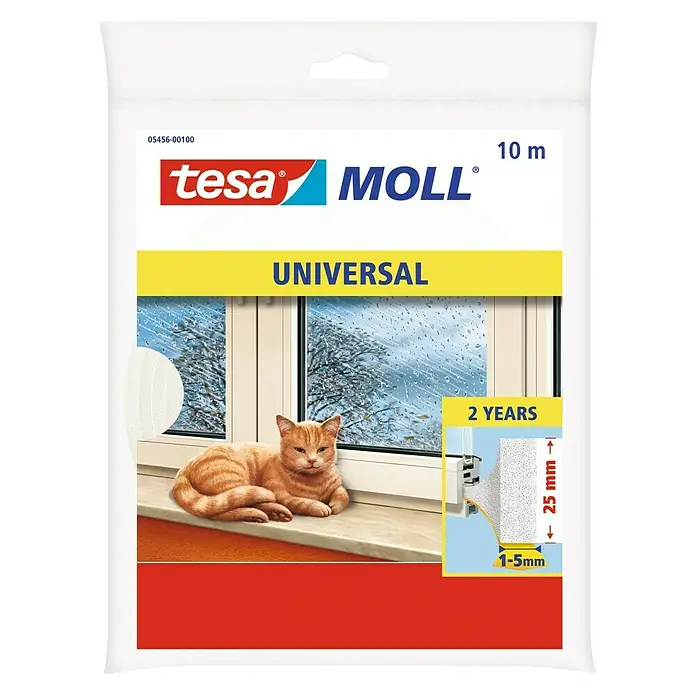 Tesa MOLL Burlete de gomaespuma universal - Blanco, 10 m x 25 mm x 5 mm, Desajustes de 1 - 5 mm
