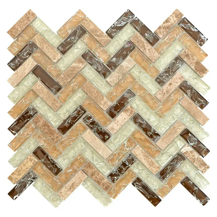 Mozaïektegel visgraat glas Mix XIC HB1553 - 26,3 x 29,3 cm, Bruin/Beige, Glanzend - Top-down weergave