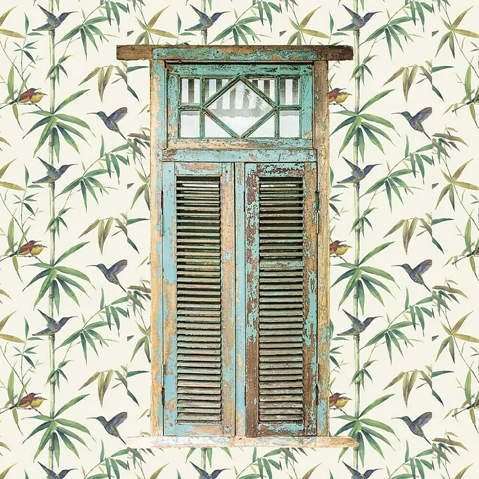 Papel pintado Colibrí - Beige/Crema/Verde, Floral, 10 x 0,53 m - Foto ambiente