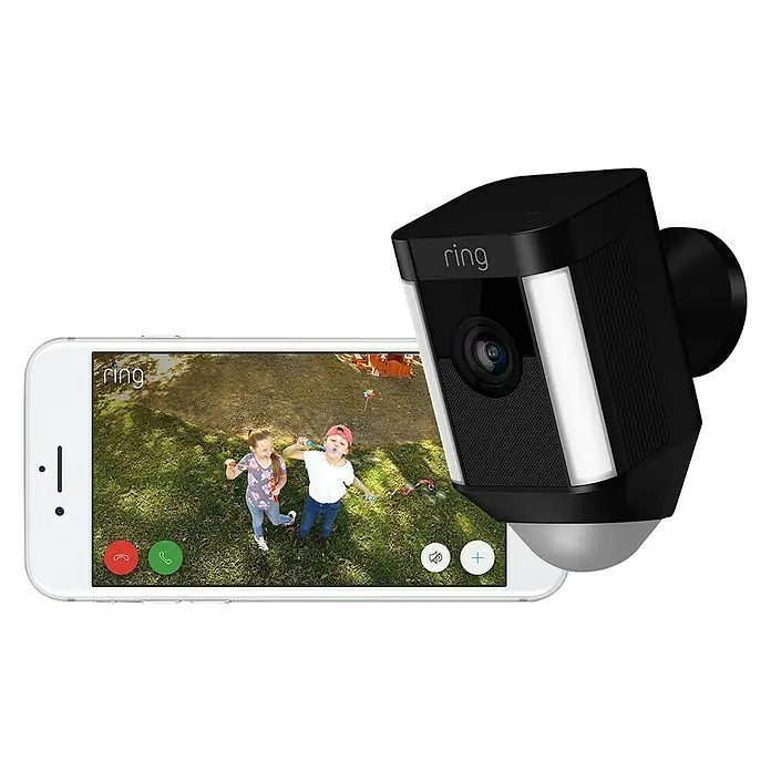 Ring Überwachungskamera Spotlight Cam Wired - Schwarz, Netzanschluss, 2 Wege Kommunikation, IP64 - Vorderansicht