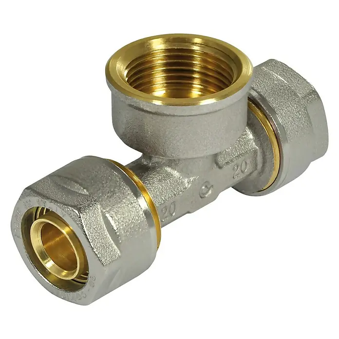 Vijčani T-komad - Promjer: 2 x 20 mm, Unutarnji navoj: ¾″, Poniklano
