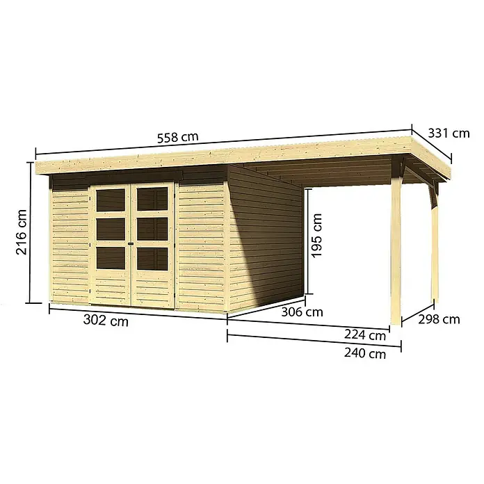 Karibu Gartenhaus Askola - L x B: 306 x 522 cm, Wandstärke: 19 mm, Flachdach, Natur, Mit Anbau - Rechte Seitenansicht