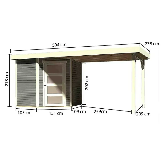 Karibu Gartenhaus Schwandorf 3 - 504 x 238 cm, Wandstärke: 19 mm, Flachdach, Weiß, Terragrau, Ausführung: Mit Anbau - Linke Seitenansicht