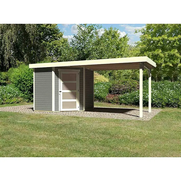 Karibu Gartenhaus Schwandorf 3 - 504 x 238 cm, Wandstärke: 19 mm, Flachdach, Weiß, Terragrau, Ausführung: Mit Anbau - Linke Seitenansicht