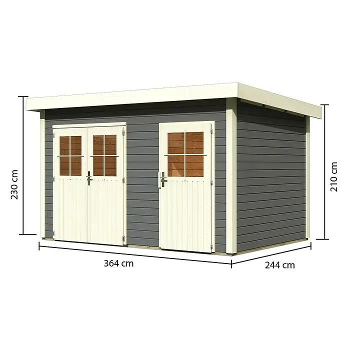 Karibu Gartenhaus Tintrup - 273 x 396 cm, Wandstärke: 28 mm, Flachdach, Terragrau, Weiß - Vorderansicht