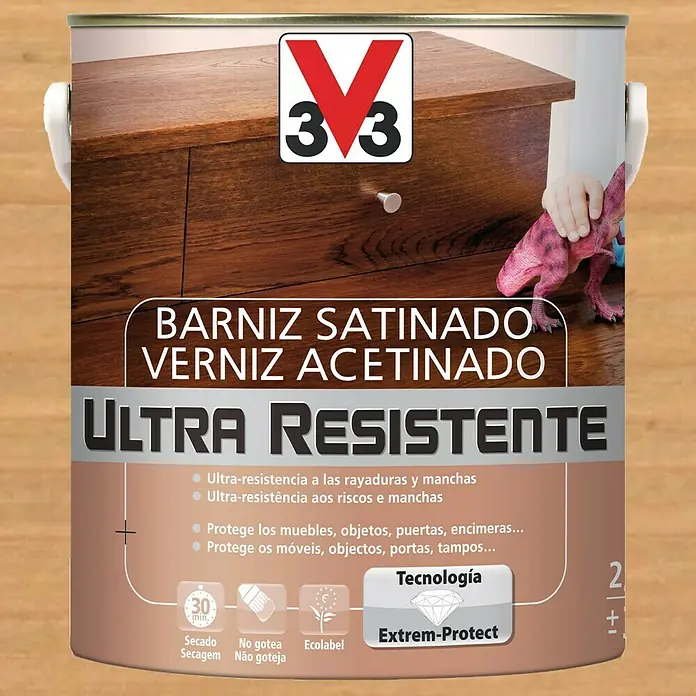V33 Barniz para madera Satinado Ultra Resistente - Roble claro, Satinado, 2,5 l