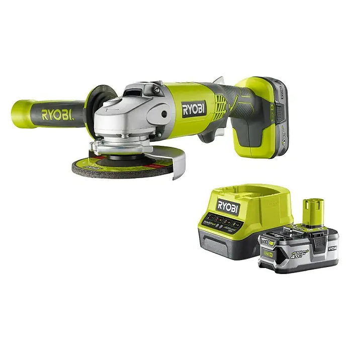 Ryobi ONE+ Akku-Winkelschleifer R18AG-140S - 18 V, 1 Akku, 4 Ah, Durchmesser Scheibe: 115 mm, 7.500 U/min - Vorderansicht