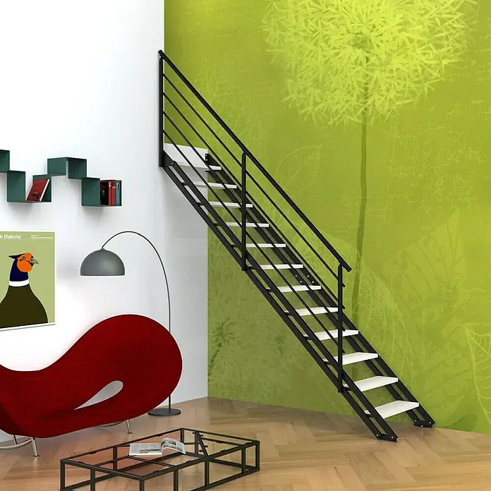 Fontanot Wangentreppe Pop - Breite: 80 cm, Schwarz, Farbe Stufen: Birke Natur, Geschosshöhe: 260 cm - 303 cm - Stimmungsaufnahme