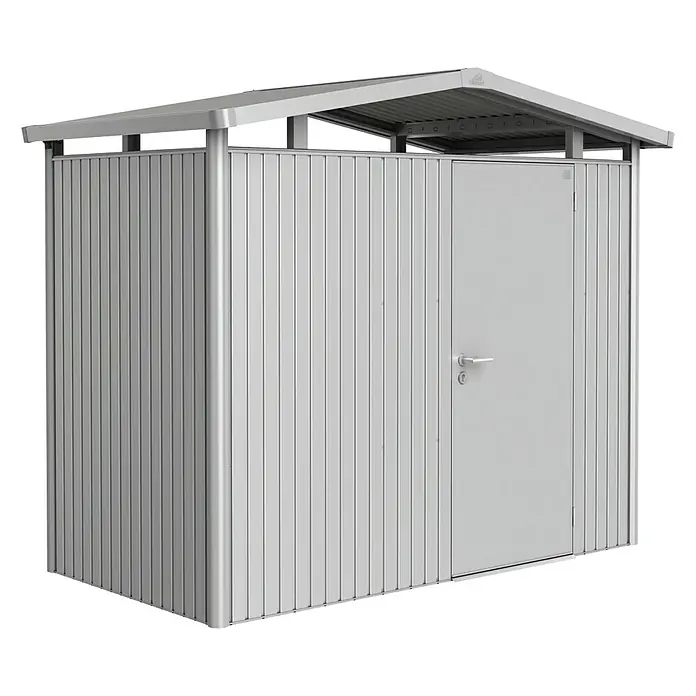 Biohort Gerätehaus Panorama - Außenbreite inkl. Dachüberstand: 273 cm, Außentiefe inkl. Dachüberstand: 158 cm, Stahl, Silber Metallic, Einzeltür - Vorderansicht
