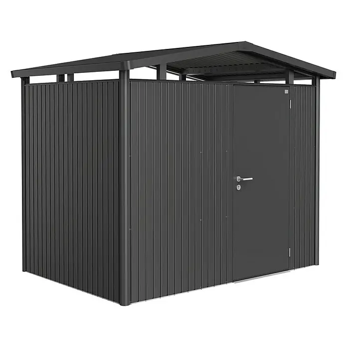 Biohort Gerätehaus Panorama - Außenbreite inkl. Dachüberstand: 273 cm, Außentiefe inkl. Dachüberstand: 198 cm, Stahl, Dunkelgrau Metallic, Einzeltür - Vorderansicht