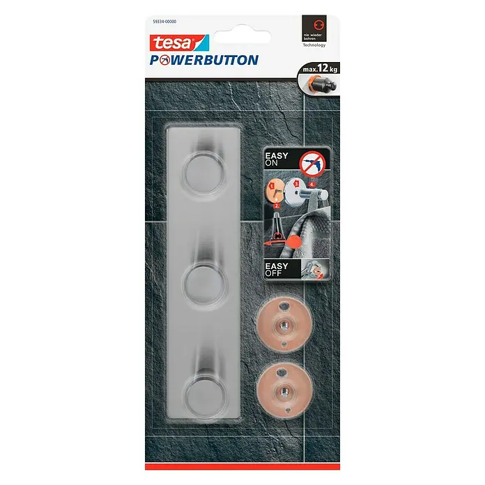 Tesa Powerbutton Hakenleiste Classic - Rechteckig, Edelstahl, Selbstklebend