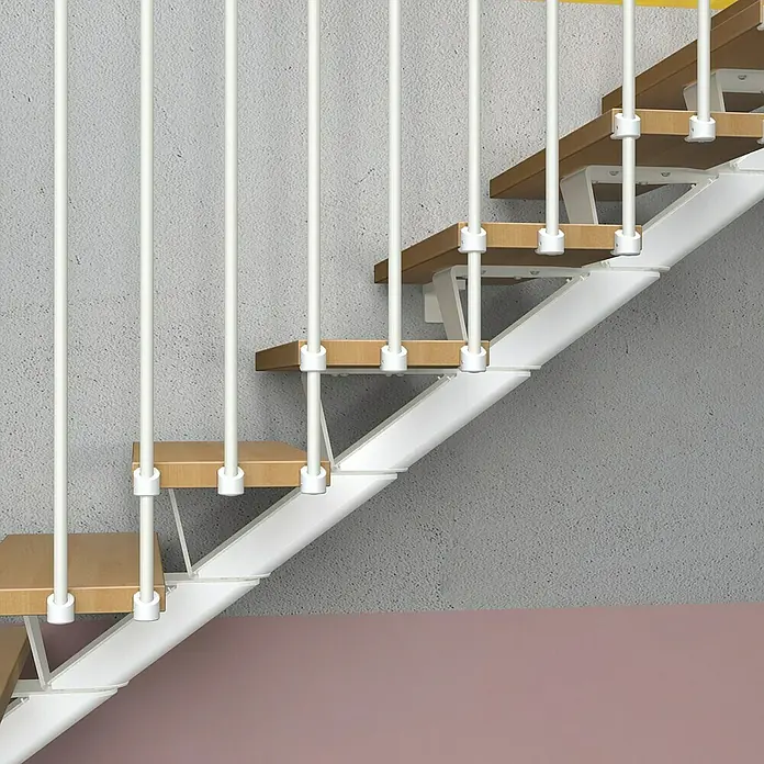 Fontanot Mittelholmtreppe Mas 030 - Breite: 75 cm, Weiß, 2/4-gewendelt, Farbe Stufen: Buche Natur, Geschosshöhe: 186 cm - 286 cm - Rechte Seitenansicht