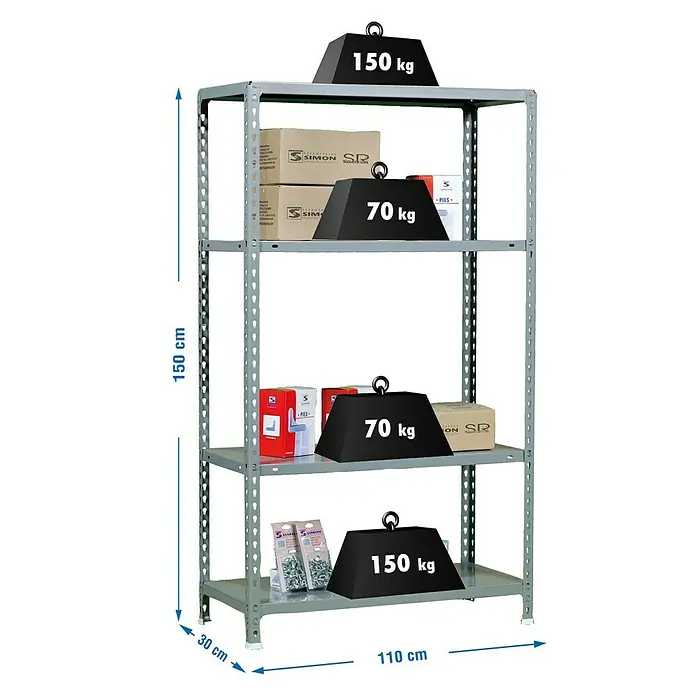 Simonrack Simonclick Estantería para cargas pesadas Ecoclick Superplus - L x An x Al: 30 x 110 x 150 cm, Capacidad de carga: 70 kg/balda, Número de baldas: 4 ud., Gris