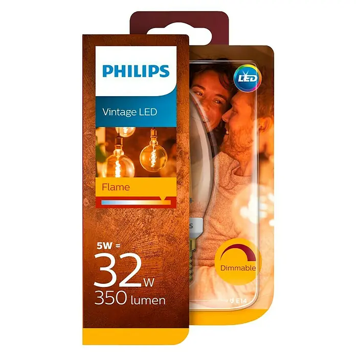 Philips Bombilla LED Vintage Gold Vela - 5 W, E14, Color de luz: Blanco cálido, Intensidad regulable, Vela