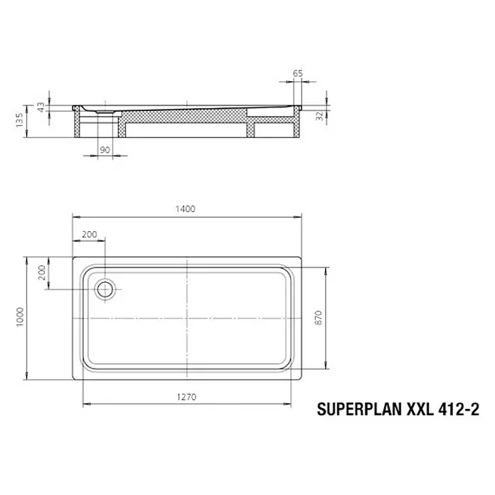 Kaldewei Duschwanne Superplan XXL 412-1 - L x B: 140 x 100 cm, Stahl, Weiß - Skizze