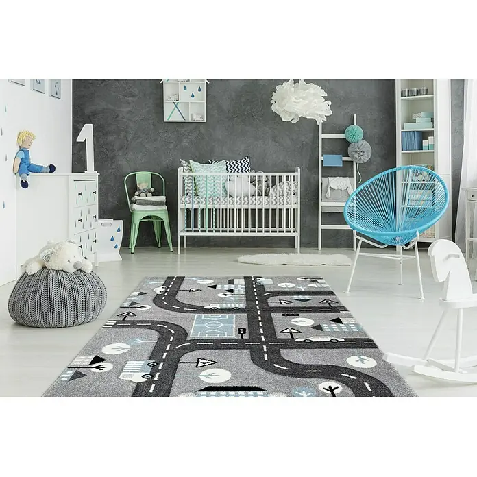 Kayoom Kurzflorteppich Straßenverkehr - Silber, 150 x 80 cm, 100 % Polypropylen - Stimmungsaufnahme