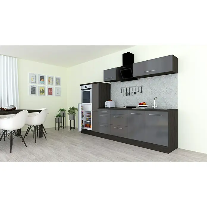 Respekta Premium Küchenzeile RP300HEGBO - Breite: 300 cm, Mit Elektrogeräten, Grau Hochglanz - Stimmungsaufnahme