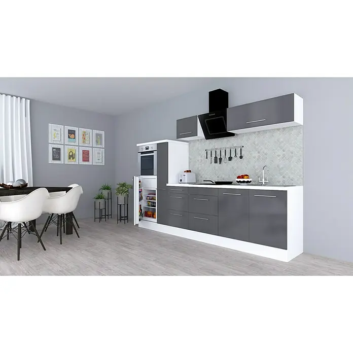 Respekta Premium Küchenzeile RP300WGCBO - Breite: 300 cm, Mit Elektrogeräten, Grau Hochglanz - Stimmungsaufnahme