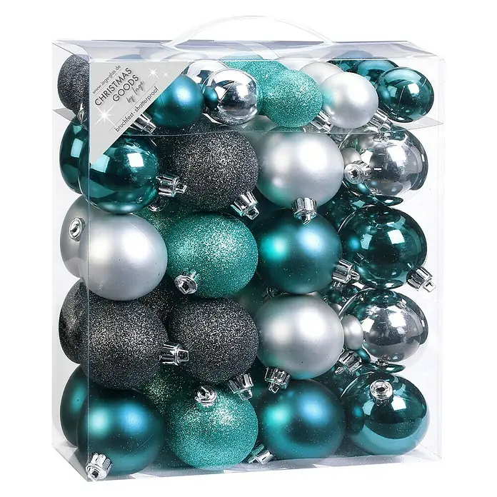 Christbaumkugel-Mix Grey-Emerald - Grau, Grün, Kunststoff, Durchmesser: 4 cm - 6 cm, 50 Stk. - Vorderansicht