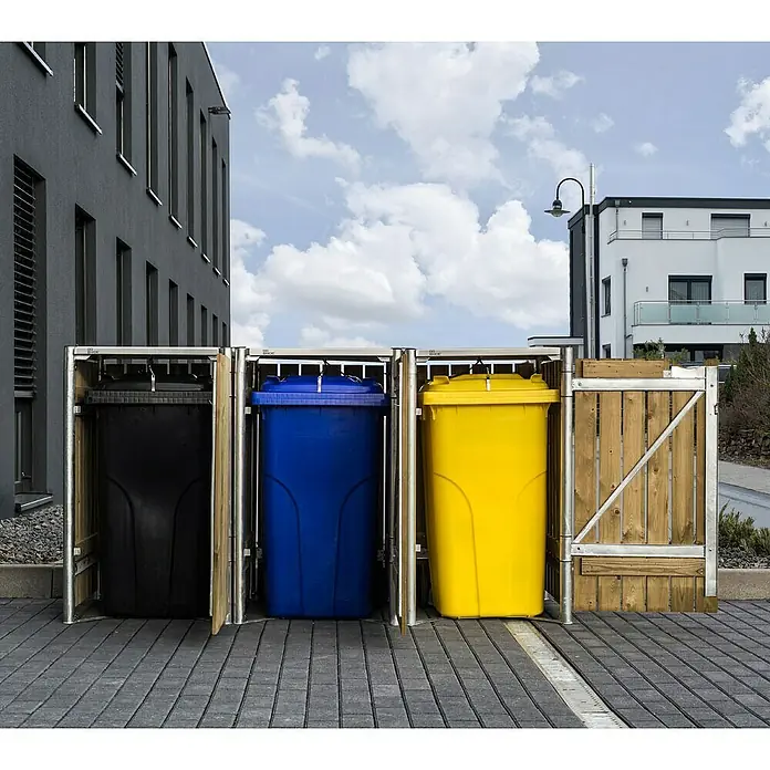 Hide Mülltonnenbox - 63,4 x 181,5 x 115,2 cm, Passend für: 3 Mülltonnen 110 - 140 l, Natur, Holz - Anwendungsbeispiel