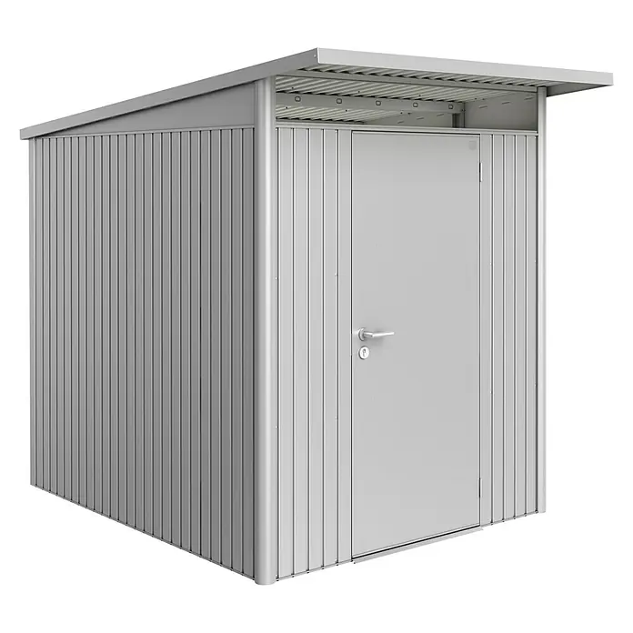 Biohort Gerätehaus AvantGarde A2 - 180 cm, 260 cm, Stahl, Silber Metallic, Einzeltür - Linke Seitenansicht