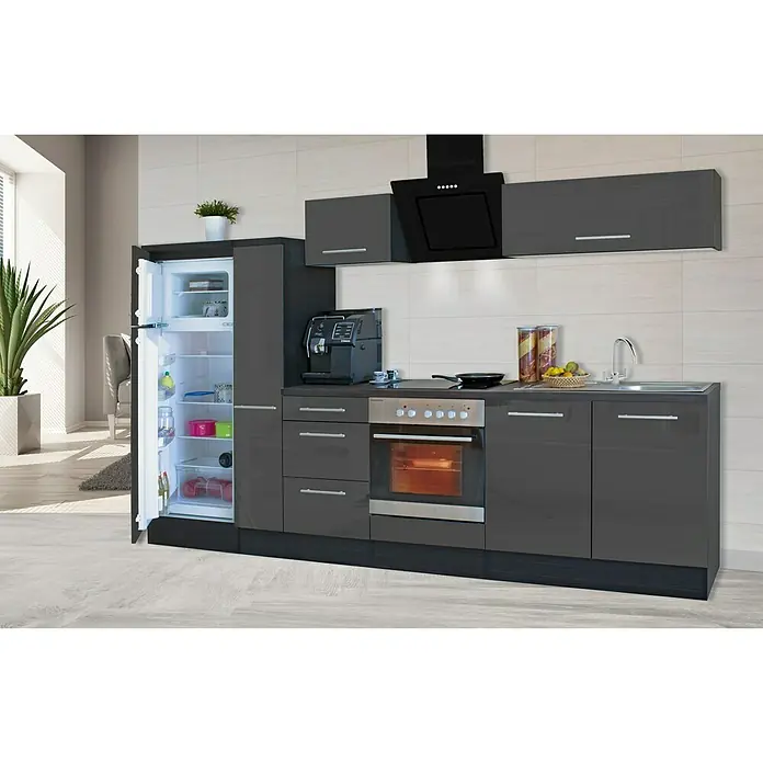 Respekta Premium Küchenzeile RP300EGCBO - Breite: 300 cm, Mit Elektrogeräten, Grau Hochglanz