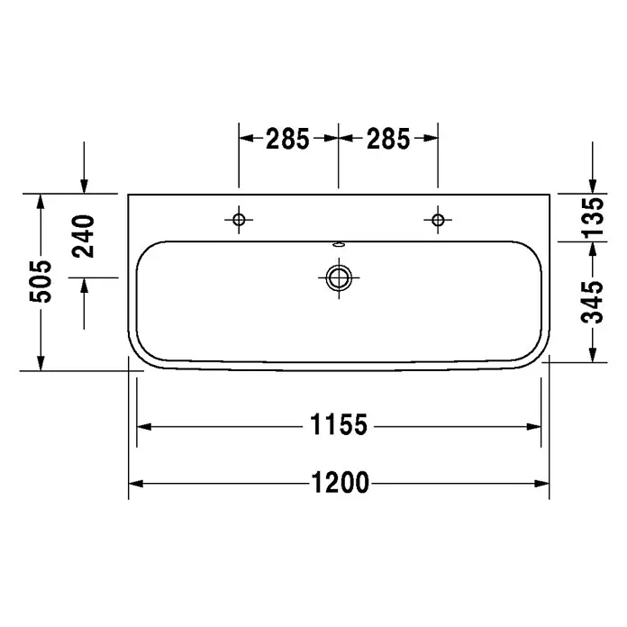 Duravit Happy D.2 Doppelwaschtisch - 120 x 50,5 cm, Ohne Spezialglasur, Anzahl Hahnlöcher: 2, Mit Überlauf, Weiß, Ungeschliffen