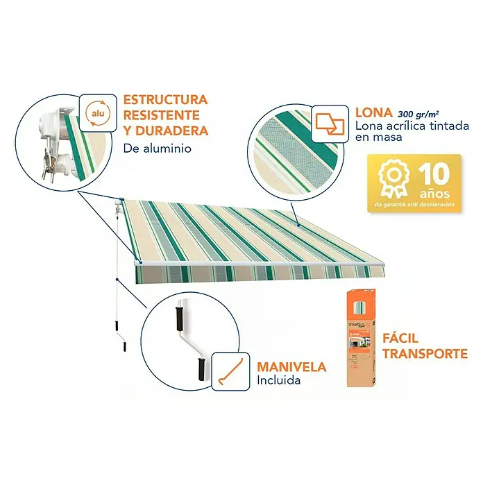 SmartSun Toldo de brazos articulados Original Kit Acrílico - Beige/Verde, Ancho: 4 m, Caída: 2,5 m