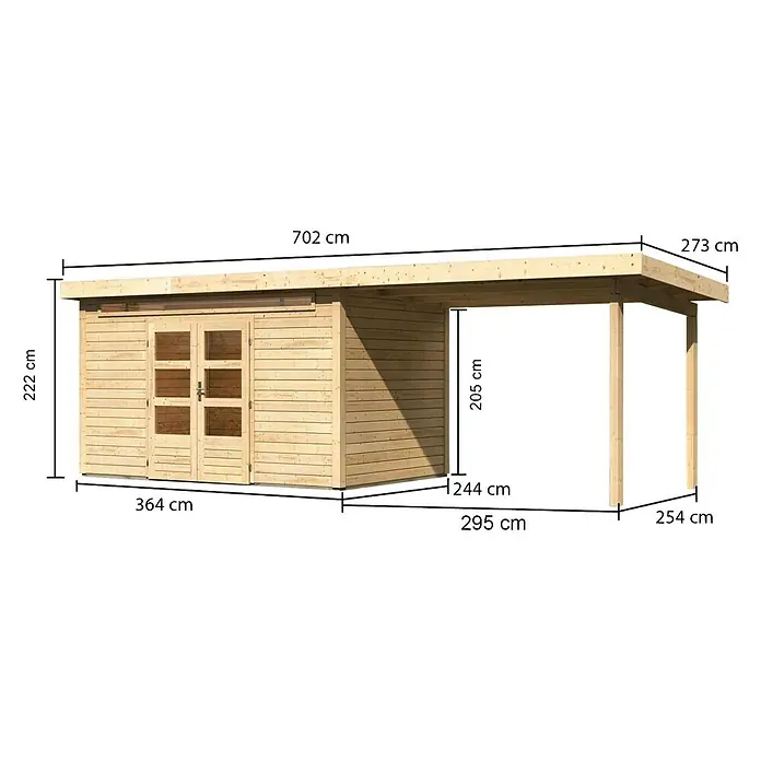 Karibu Gartenhaus Kandern 7 - 364 x 244 cm, Wandstärke: 28 mm, Flachdach, Ausführung: Mit Anbau - Linke Seitenansicht