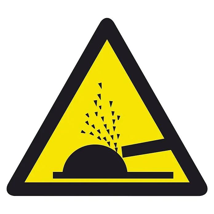 Cartel - Amarillo/Negro, Peligro por proyección de partículas, 10,5 x 10,5 cm