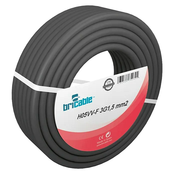Bricable Cable unipolar Fase - H05VV-F3G1,5, 50 m, Negro