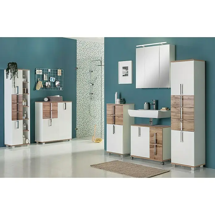 Schildmeyer Luca Hochschrank - 40 x 32 x 174 cm, Weiß/Wotaneiche - Stimmungsaufnahme