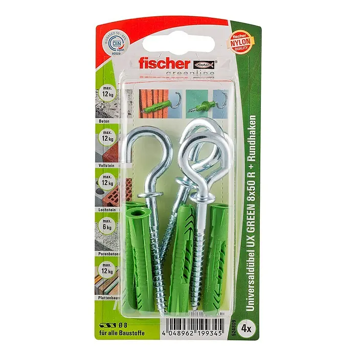 Fischer Greenline Universaldübel-Set UX 6 x 35 R RH GREEN K - Ø x L: 6 x 35 mm, Rundhaken, Nylon, 4 Stk. - Vorderansicht