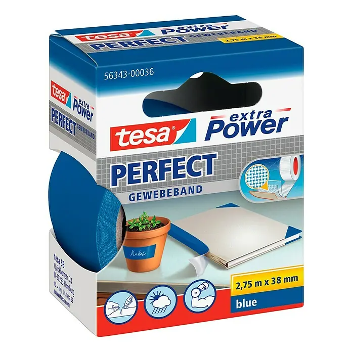 Tesa Extra Power Gewebeband PERFECT - Blau, 2,75 m x 38 mm - Linke Seitenansicht