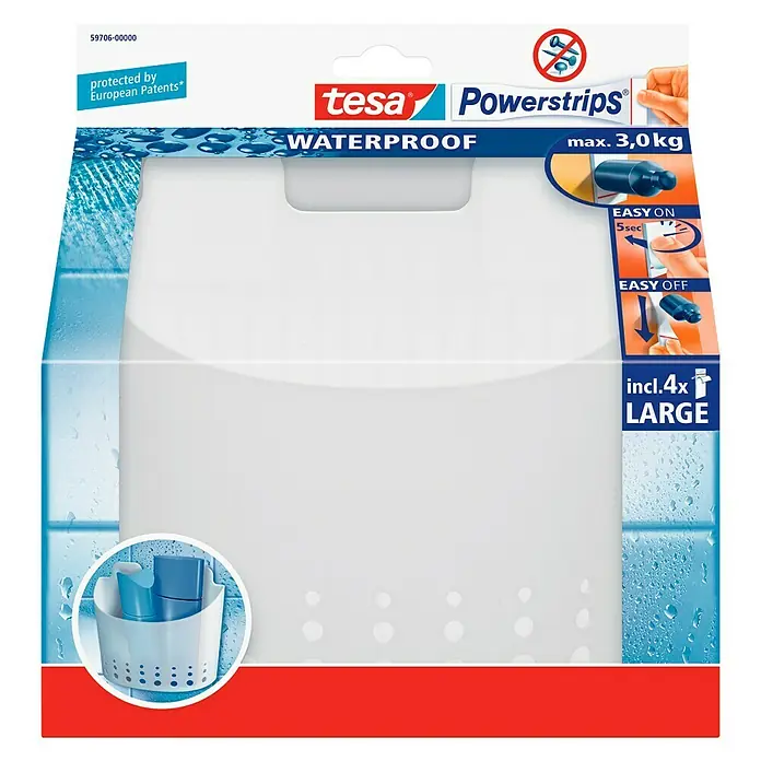 Tesa Powerstrips Waterproof Kupaonska tuš polica - Plastika, Bijele boje - Pogled sprijeda