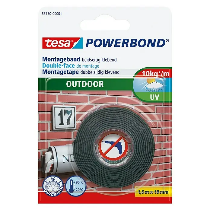Tesa Powerbond Montageband Outdoor - L x B: 1,5 m x 19 mm, Wasserbeständig - Vorderansicht
