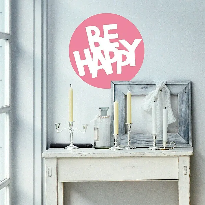 Wandtattoo Rund - Be happy, Pink, 24 x 24 cm
