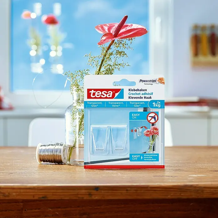 Tesa Klebehaken - Geeignet für: Glas, Belastbarkeit: 1 kg, 2 Stk., Transparent - Anwendungsbeispiel