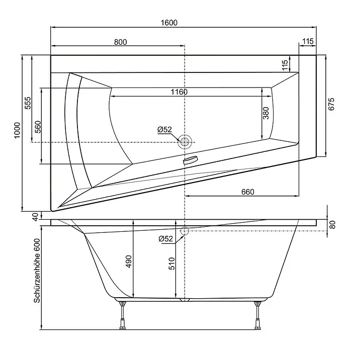 Ottofond Badewanne Cebu 1 B - Linksseitig, 160 x 100/67,5 x 51 cm, Sanitäracryl, Weiß - Ansicht von oben